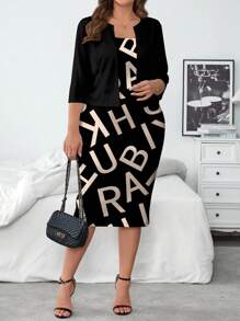 SHEIN Clasi 2pcs/Set Plus Size Simple Jacket And Dress, Casual Minimalist Outfit Suitable For Autumn/Winter