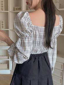 DAZY Blusa casual de manga larga con nudo delantero a cuadros para mujer, use diaria