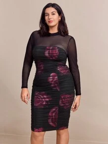 SHEIN Clasi 大码女式优雅浪漫黑色花卉印花修身长袖连衣裙，仙女裙 - 彩色 - 查看 5