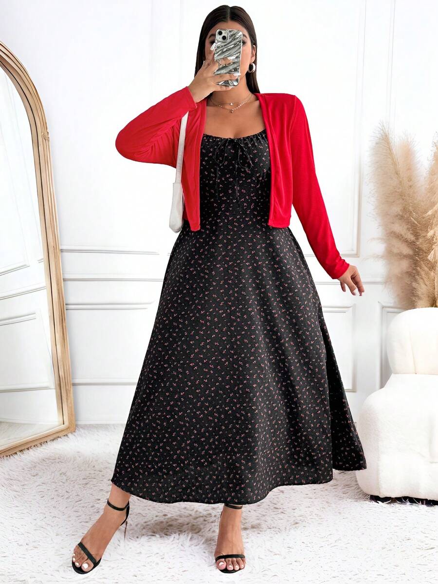 Flirla 2 件套时尚碎花吊带连衣裙和纯色轻便夹克，配套 - 彩色 - 查看 1