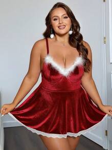 2 件套大码圣诞内衣连衣裙，带钢圈文胸和丁字裤 - 酒紅色 - 查看 3