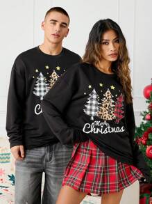 Mainfolk Unisex Knitted Loose Fit Crew Neck Sweatshirt With Christmas Tree Print, Suitable For Christmas - Black - View 5