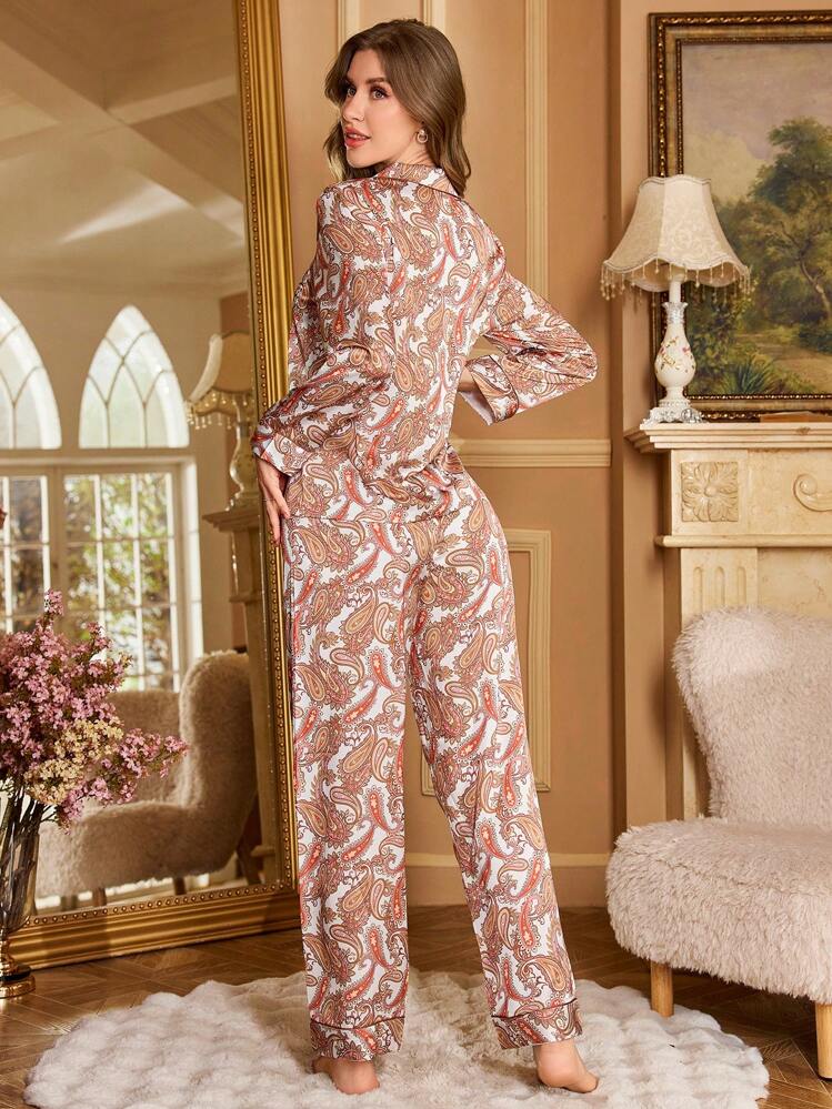 Women Simple Buttoned Full Print Top And Pants Pajama Set - Khaki - View 2