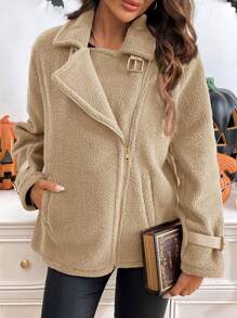 SHEIN LUNE 女士秋冬厚款保暖内衬摩托车夹克，勃艮第红色 - 駝色 - 查看 3