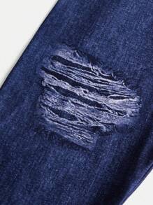 SHEIN Young Girl Minimalist Navy Blue Denim Effect Ripped Long Casual Jeans - Royal Blue - View 5