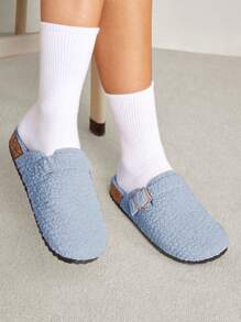 Solecia Women's Solid Color Splicing Metal Decorative Round Toe Fluffy Slippers - Blue - View 8