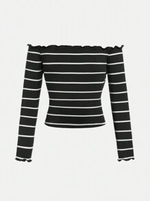 SHEIN Tween 女童休闲优雅单肩条纹 T 恤，春/夏/秋/冬 - 黑與白 - 查看 6