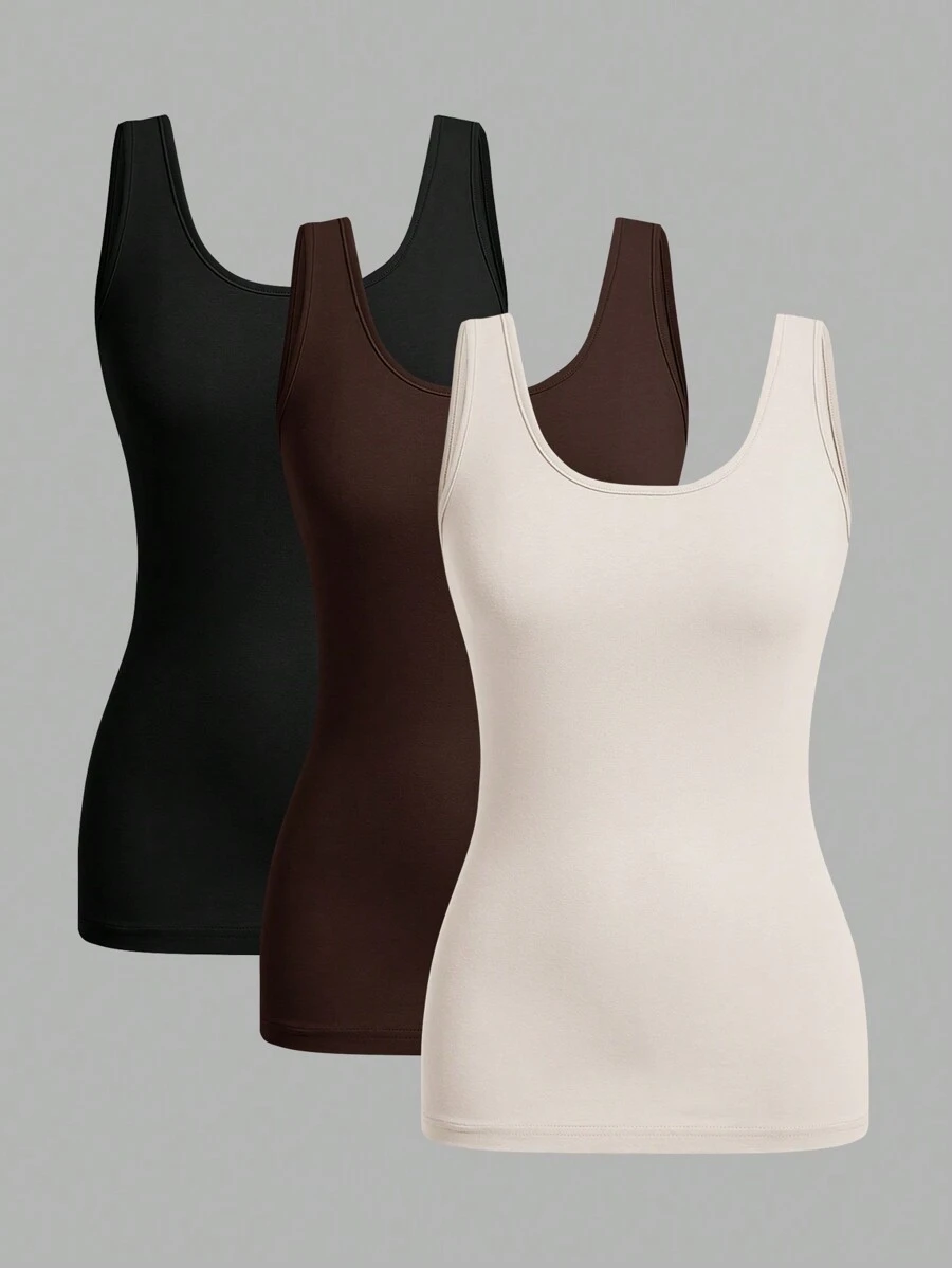 SHEIN Essnce 3pcs Women's Simple Solid Color Casual Versatile Camisole Tops, Suitable For Spring And Summer Back To School - Multicolor - View 1