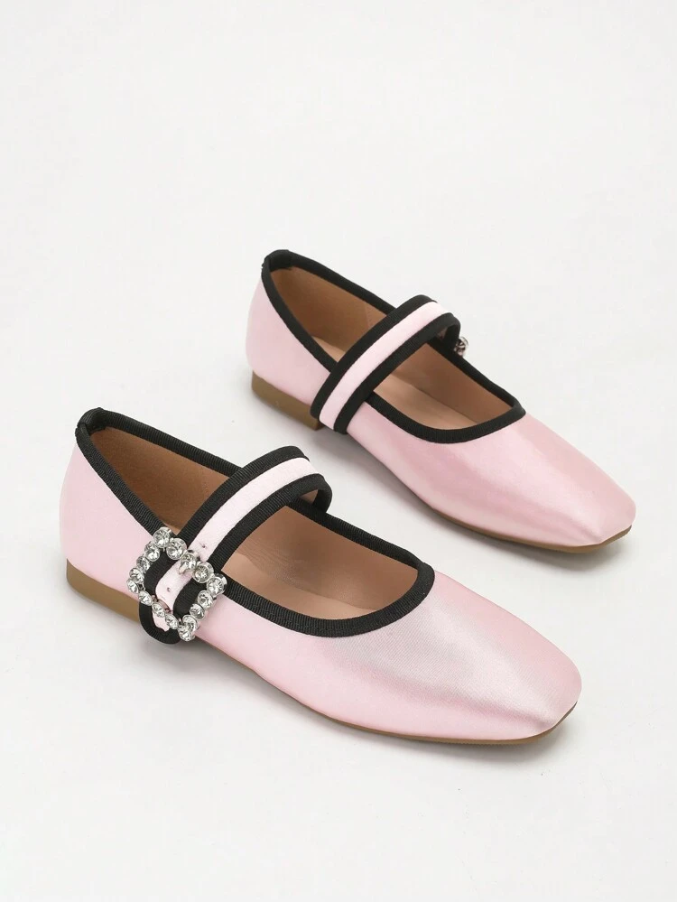 CUCCOO DOLLMOD Rhinestone Buckle Square Toe Flat Cute Sweet Retro Refined Pink Satin Elegant Mary Jane Flat Shoes, Women Valentines
