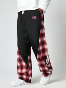 ROMWE MEN Street Life 男士休闲格子拼接星星字母刺绣长裤，日常穿着 - 彩色 - 查看 1