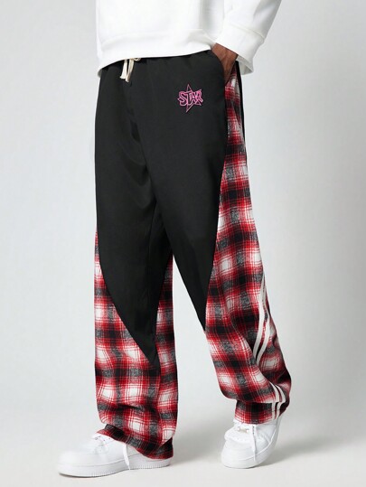 Street Life بنطال طويل كاجوال للرجال مخطط بيتش ورقعة نجمة مطرزة بخطوط، للارتداء اليومي