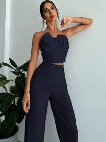 Firerie 女士优雅不对称紧身抹胸上衣和高腰仿骨直筒裤 - 藏蓝色 - 查看 3