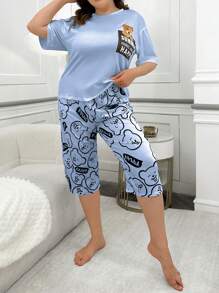 大码女式字母和熊印花短袖 T 恤和短裤家居服睡衣套装 - 藍色 - 查看 4