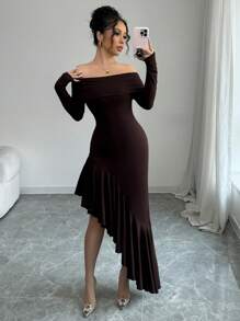 Elenzga Women's Off-Shoulder Asymmetrical Ruffle Hem Knit Elegant Dress - Coffee Brown - View 1