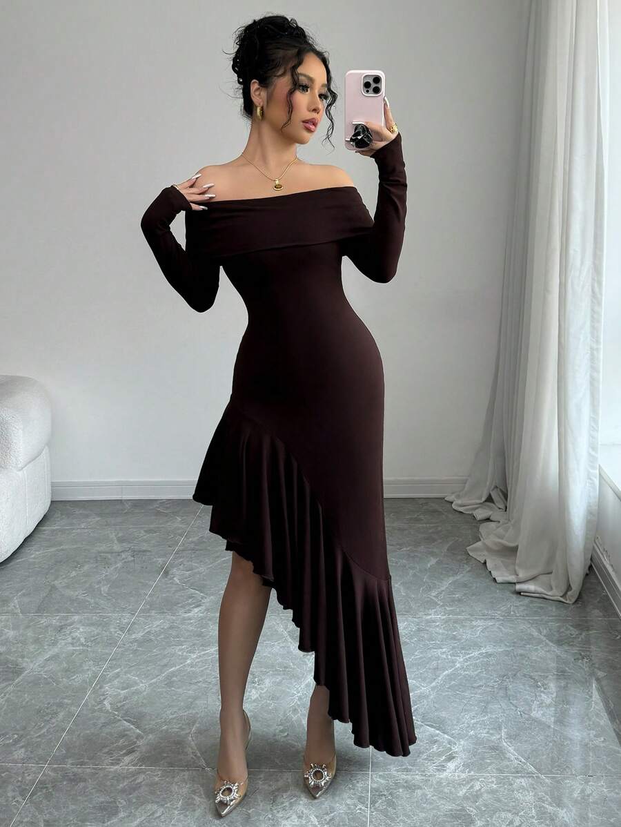 Elenzga Women's Off-Shoulder Asymmetrical Ruffle Hem Knit Elegant Dress - Coffee Brown - View 1