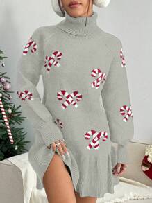 Flirla Christmas Warm And Comfortable Candy Cane Pattern Bell Sleeve Swing Hem Turtleneck Cute Women Sweater Dress - Light Grey - View 1