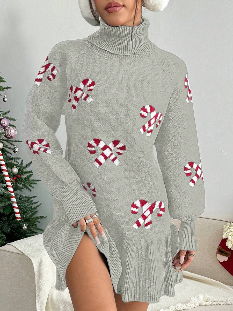 Flirla Christmas Warm And Comfortable Candy Cane Pattern Bell Sleeve Swing Hem Turtleneck Cute Women Sweater Dress - Light Grey - View 1
