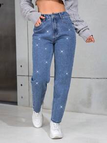 SHEIN PETITE Casual Washed Rhinestone Tapered Denim Pants - Light Wash - View 5