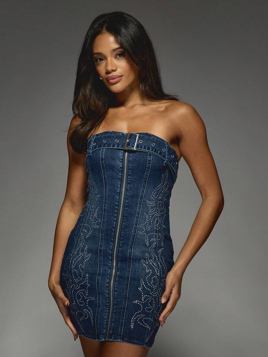 MISSGUIDED Strapless Belted Mini Dress Crystal Embellished Denim Front Zipper Bandeau Bodycon Party Club Night Rhinestone Form Fitting Design Stretchy Perfect Fall Winter Spring - Navy Blue - View 1
