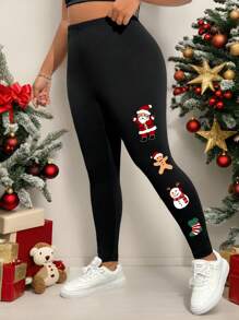 SHEIN LUNE Casual Minimalist High Waist 7/8 Length Plus Size Christmas Leggings, Black