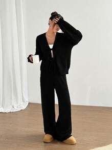 SHEIN Unity 2 件套休闲纯色系带开衫和裤子套装 - 黑色 - 查看 6