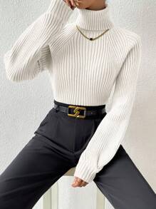 SHEIN Jersey de cuello alto de manga raglán con punto acanalado, parte superior de manga larga de punto, jersey de punto para otoño e invierno - Blanco - Ver 6