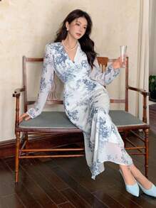 DAZY 女士春秋季碎花优雅中长连衣裙，适合情人节穿着，长袖连衣裙/长裙 - 彩色 - 查看 2