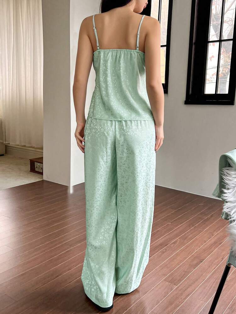 3pcs Romantic Lace Patchwork Jacquard Satin Camisole And Pants Sleepwear Set Pajama