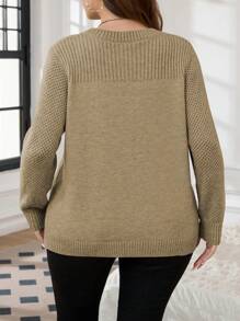 SHEIN LUNE Plus Size Women Solid Color Round Neck Long Sleeve Casual Sweater, Autumn/Winter Knit Pullover Fall - Khaki - View 2