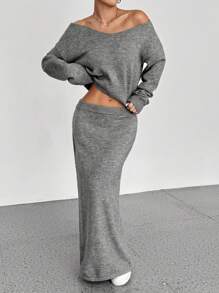 Flirla Conjunto de 2 piezas con suéter de escote en V de longitud media y falda mini de punto de estilo elegante y casual de inspiración estadounidense para otoño/invierno, favorecedora - Gris - Ver 5