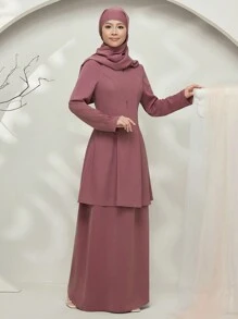 Graceveil Conjunto modesto de top de manga larga de unicolor con cuello en V y falda midi para mujer (Baju Kurung) - Púrpura polvoriento - Ver 7