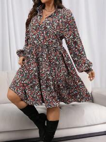 SHEIN LUNE Plus Size Women Ditsy Floral Tie Neck Lantern Sleeve Loose Babydoll Dress, Vacation Style Floral Skirt Dresses For Women Thanksgiving Outfit Women New Years Women Outfit Winter Dresses Winter Clothes Women Rave Outfits