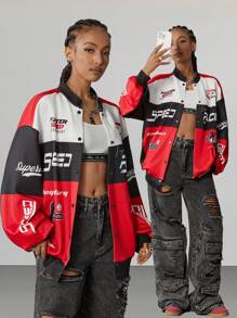 Muchica Áo khoác bomber họa tiết sọc chữ thời trang thu đông cho nữ - Nhiều màu - Xem 1