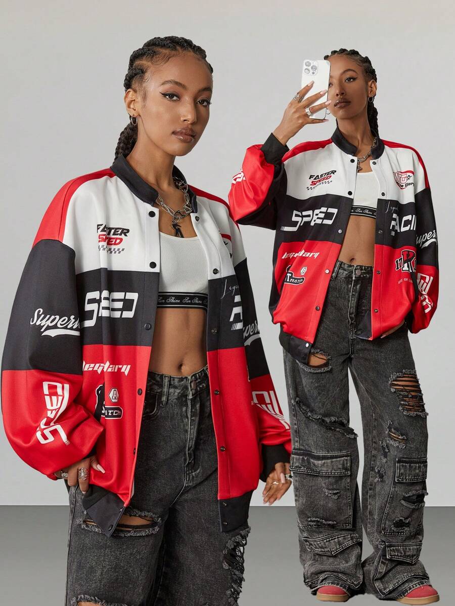 Muchica Áo khoác bomber họa tiết sọc chữ thời trang thu đông cho nữ - Nhiều màu - Xem 1