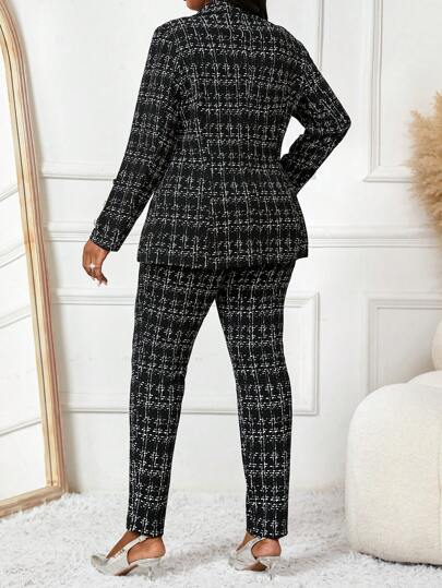 SHEIN Tall CURVE 秋冬优雅黑色针织翻领纽扣长袖大码蓬松外套