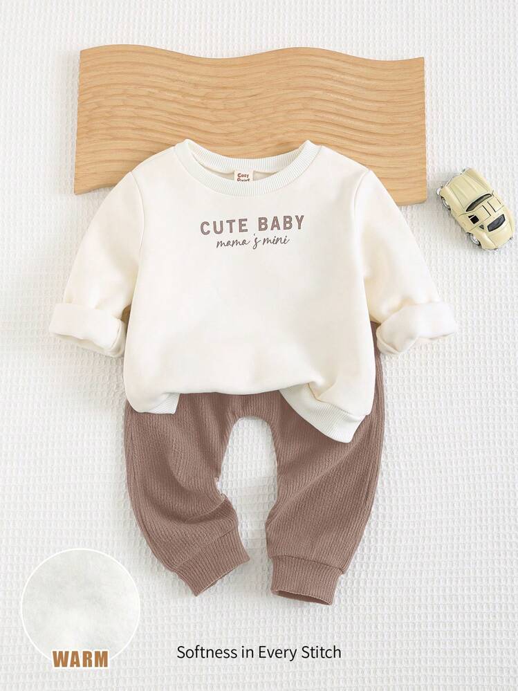 Cozy Pixies 2pcs/Set Baby Boy Letter Print Soft Knitted Crew Neck Long Sleeve Top And Elastic Waist Pants Outfit - Multicolor - View 1