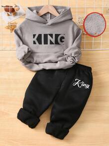 SHEIN Leap Crew 2 件套年轻男孩休闲运动可爱字母印花图形装饰宽松连帽衫和裤子套装，适合旅行、上学、日常聚会、秋冬 - 彩色 - 查看 6