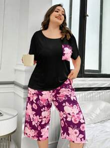 2 sztuki Plus Size Floral Print Pocket Sweter Krótki Rękaw i Spodnie 3/4 Zestaw Piżamy