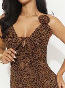 Hauture Vestido mini sin mangas con volantes y decoración floral 3D con estampado de leopardo - Multicolor - Ver 2