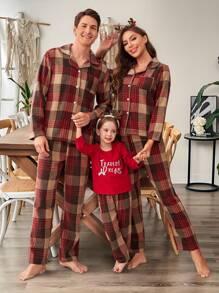 SHEIN 2pcs Men Classic Elegant Plaid Lapel Cardigan Long Sleeve Top And Casual Pants Comfortable Sleepwear Pajama Set For Christmas