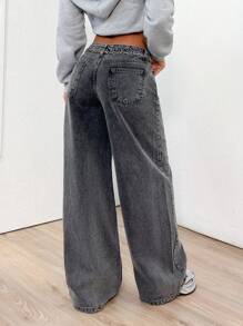 EURMUSE Low Waist Chain Detailed Wideleg Jean - Grey - View 2