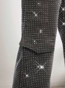 Denimoi Jeans rectos de mezclilla negra con bolsillo con solapa y rhinestones para mujer, pantalones cargo, para salir, fiestas, conciertos country, festivales rave, ropa de club - Gris Oscuro - Ver 3