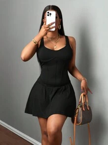 Slaydiva Women's Open Shoulder Wide Strap Solid Color Minimalist Casual Short Sexy Dress