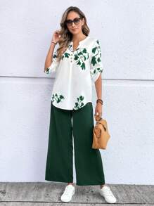 EMERY ROSE Women's Plant Print V-Neck Ruffle Sleeve Shirt And Wide Leg Pants 2 Pieces Casual Set