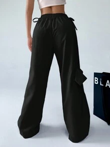 SHEIN EZwear Women's Solid Color Bow Decor Casual Cargo Pants