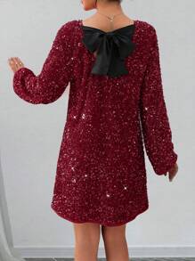 Rafferiza Women's Elegant Sequin Bow Decor Christmas Dress, Casual Short Loose Fit Party Dress Fall Cloth For Women