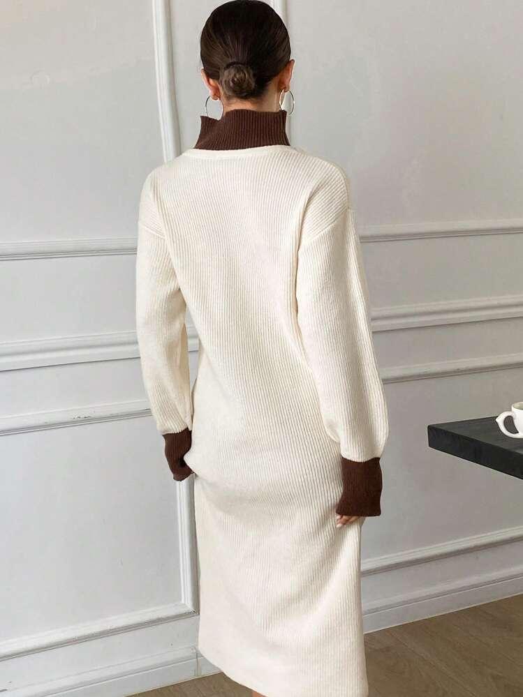 Luźna sukienka sweterkowa z golfem w kontrastowym kolorze, damska, jesienna odzież - Morela - Zobacz 2