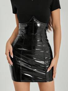 SHEIN PETITE Sexy Outfits Club Women's High Waisted Belted Pu Leather Mini Skirt - Black - View 3