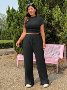 Solflare Plus Size Textured Knit T-Shirt & Drawstring Pants 2 Pieces Set, Casual - Dark Grey - View 6