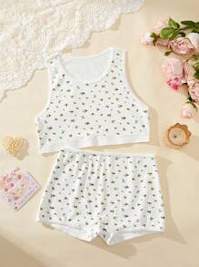 Bộ 2 chiếc/Bộ áo ba lỗ hở vai cổ tròn in họa tiết hoa cho bé gái tuổi teen Bộ đồ lót thường ngày - Nhiều màu - Xem 3